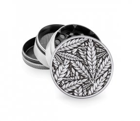 Metall Grinder, 50 mm Ø, 4-teilig, Sieb, Relief: SILVER LEAVES 33 