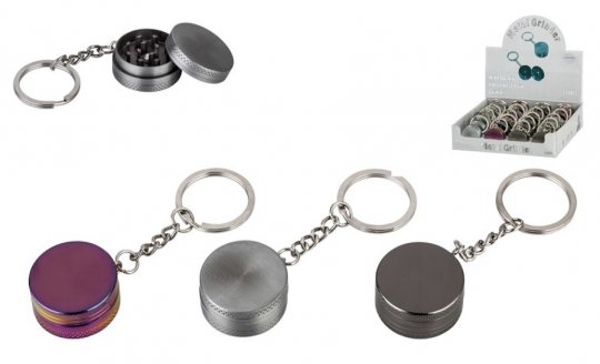 Grinder, metal, 2 parts, 30mmØ, 13mmH., key ring, assorted colors. 