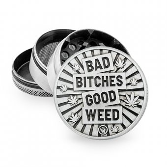 Metal Grinder, 50 mm Ø, 4-part, Screen, Relief: BAD BITCHES GOOD WEED 