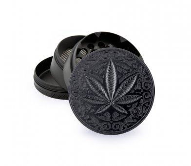 Metal Grinder, BLACK, 50 mm Ø, 4-part, Screen, Relief: TRANCE LEAF 