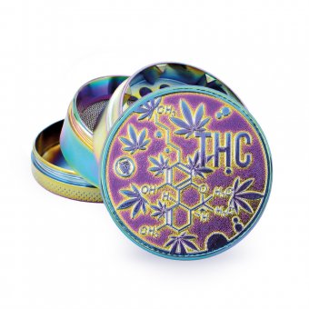 Metall Grinder ICY, 50 mm Ø, 4-teilig, Sieb, Relief: THC molecule colored 