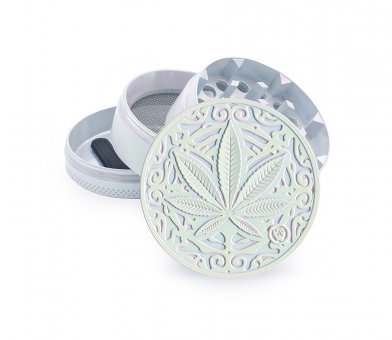 Metal Grinder, 50 mm Ø, 4-part, Screen, Relief: ICY PEARL TRANCE LEAF 