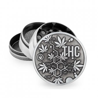 Metal Grinder, 50 mm Ø, 4-part, Screen, Relief: THC MOLECULE 