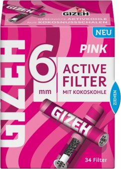 Gizeh ACTIV Aktivkohlefilter Slim, PINK, 6mm Ø, 1 x 34er Filter Packung mit Filterspender 