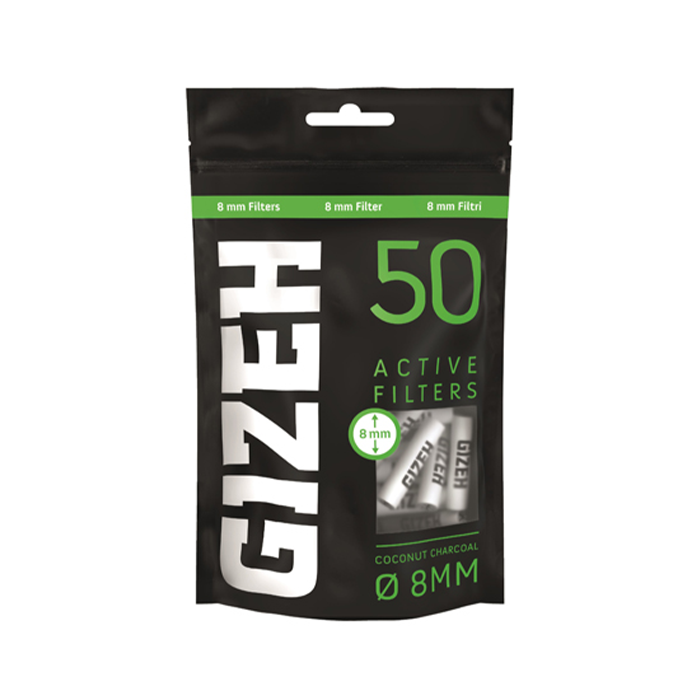 GIZEH Activated Charcoal Filters, Regular, 8 mm Ø, 50 Pcs, Black