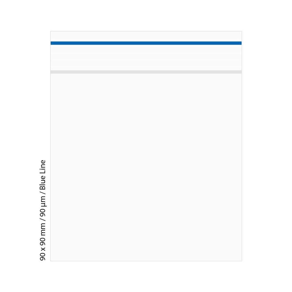 Polybeutel 9 × 9 cm, 90 µm, Packung à 500, blaue Linie