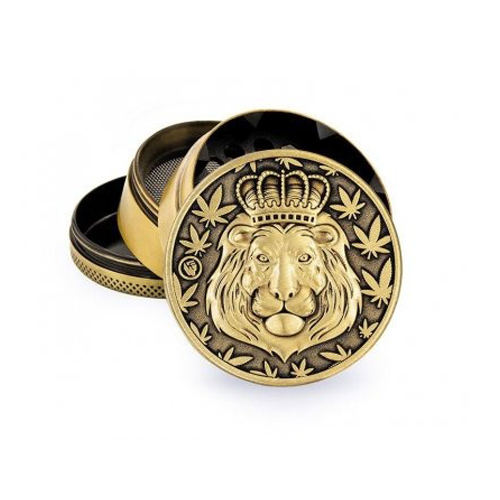 [WNC54RAGO] Metal Grinder, 50 mm Ø, 4-part, Screen, Relief: RASTA LION GOLD
